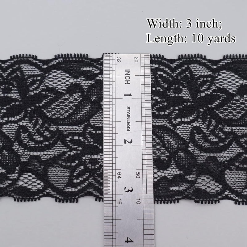AIETSYEI Elastic Trim 10 Yards Black Lace Ribbon Floral Pattern Stretchy Fabric for Sewing, Garment, DIY Crafts and Gift Wrapping - Image 2
